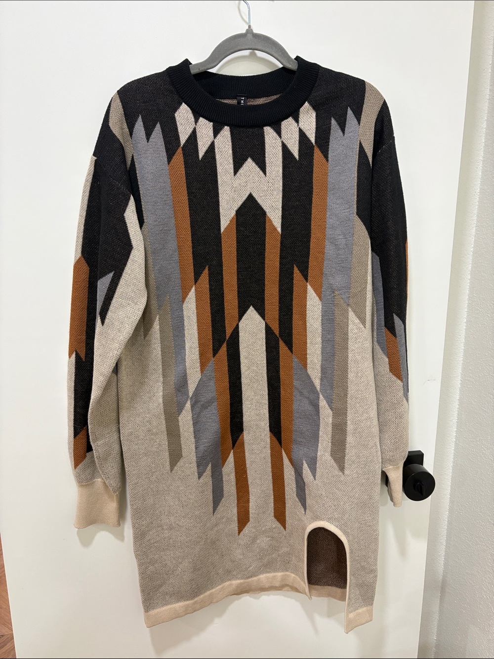 Women’s Sweater Dress- Geometric Crewneck in blue, Black and Tan-small - Picture 2 of 9